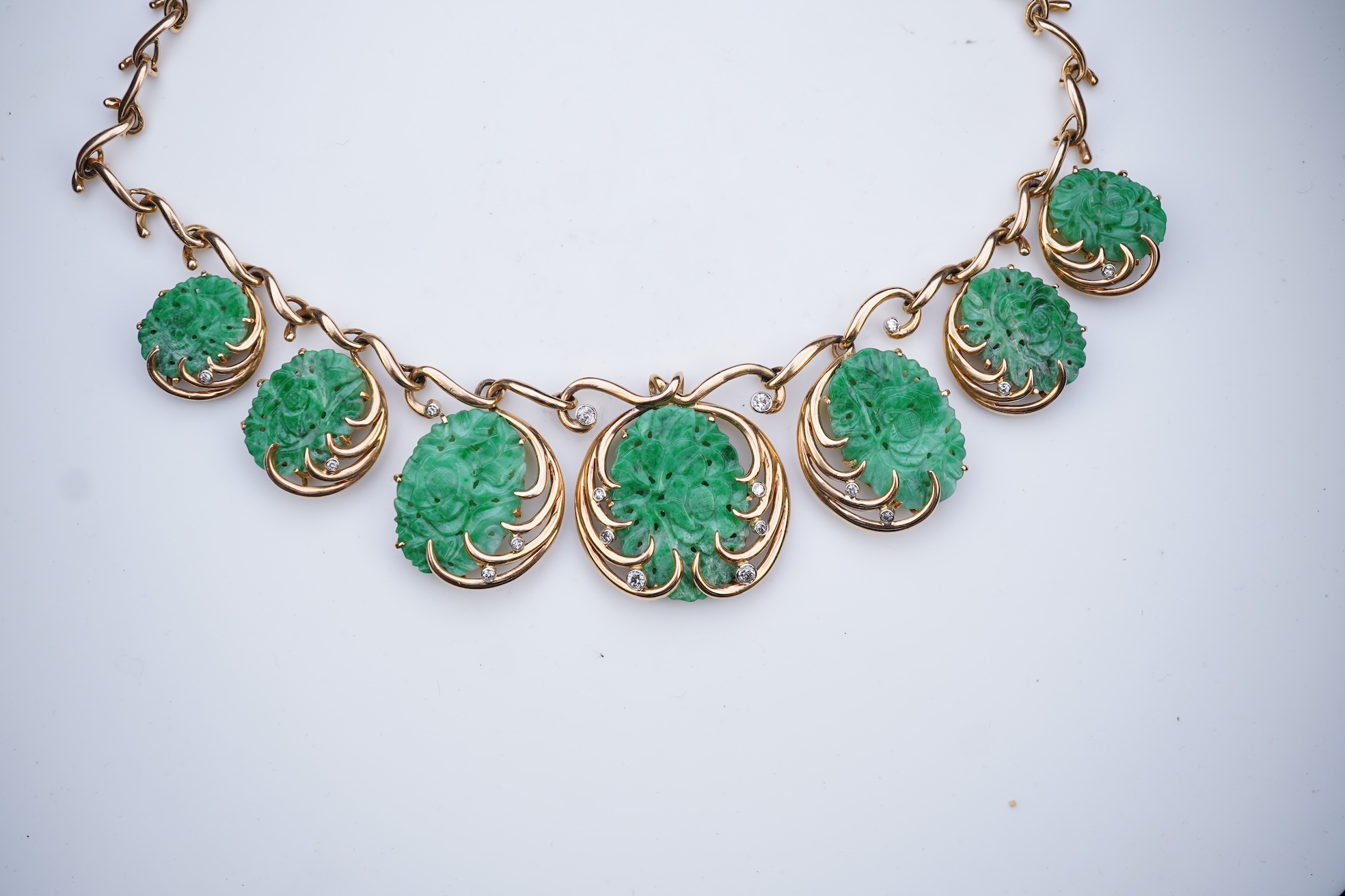 A jadeite and diamond necklace, mid 20th century